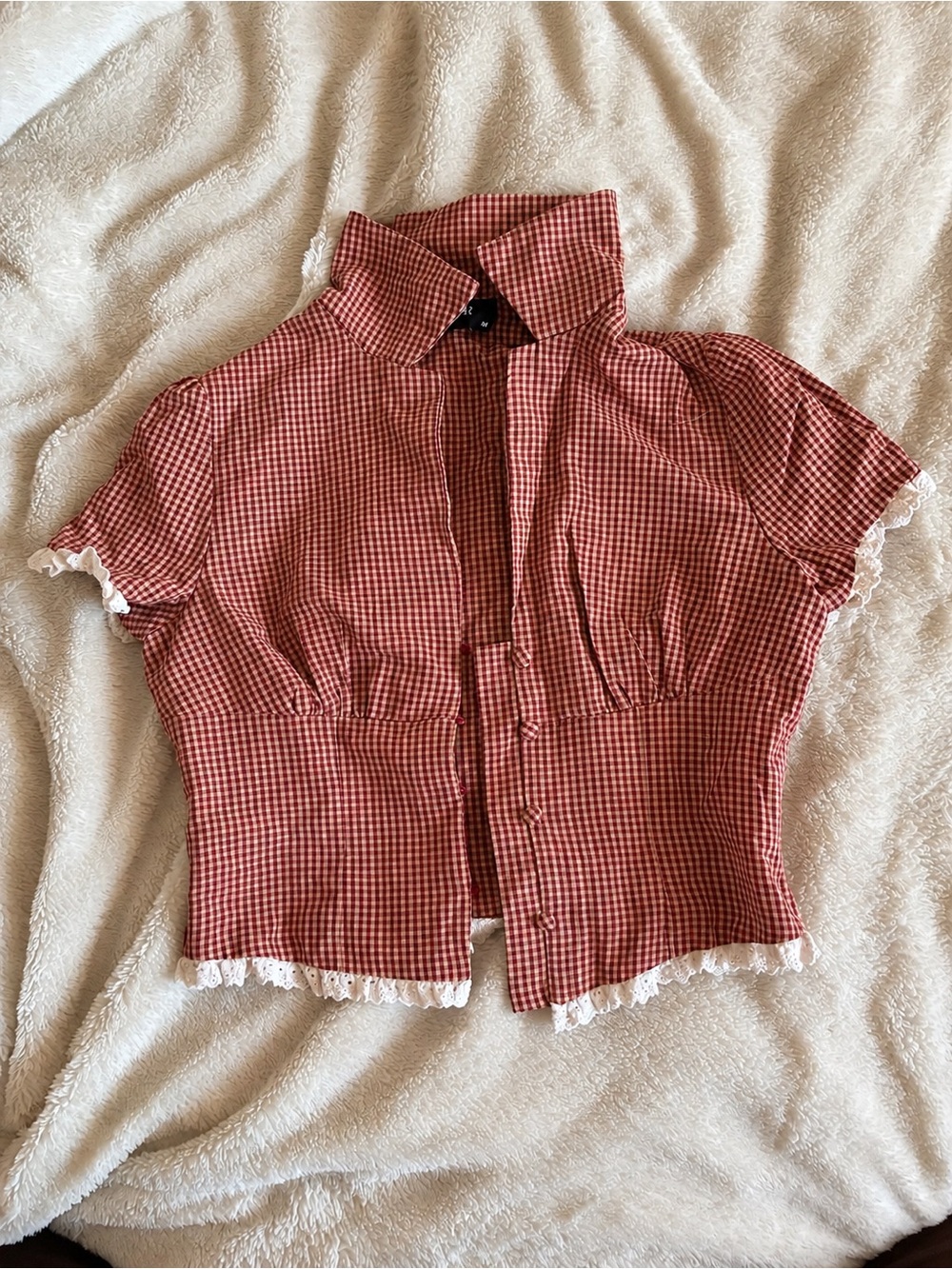 Cider Red Gingham Button-Up Top with White Lace Trim